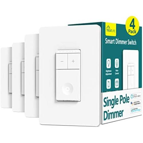 Smart Light Switch Treatlife Dimmer Light Switch, 4 Pack, Works with Alexa and Google Assistant, Neutral Wire Needed, 2.4Ghz Wi-Fi, Schedule, Remote Control, Single Pole, FCC Listed