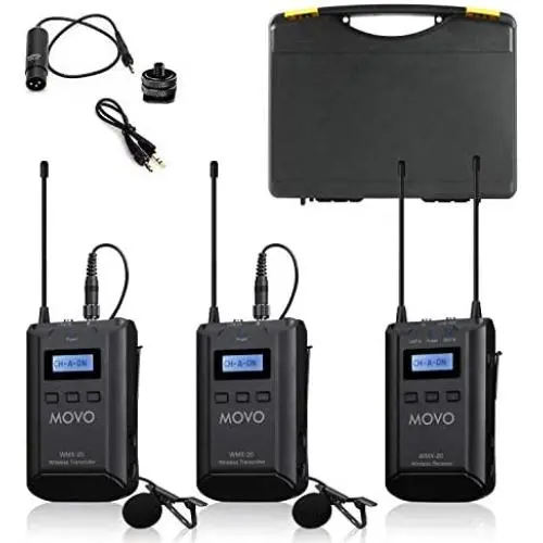 Movo WMX-20-DUO 48-Channel UHF Wireless Lavalier Microphone System with 1 Receiver, 2 Transmitters, and 2 Lapel Microphones Compatible with DSLR Cameras (330 ft Audio Range) Movo WMX-20-DUO 48-Channel UHF Wireless Lavalier Microphone System with 1 Receiver, 2 Transmitters, and 2 Lapel Microphones Compatible with DSLR Cameras (330 ft Audio Range)