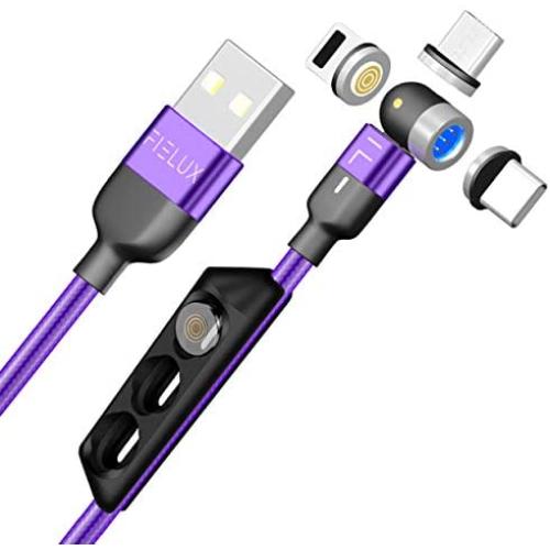 FIELUX Quick 360°+180° Rotation Magnetic Charging Cable Compatible with Micro, Type-C Charging Port Smartphones and i-Product Devices 3 in 1 (3.3 ft, Purple)