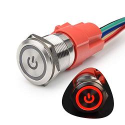 STARELO 19MM 3/4'' Latching Push Button Switch 5A 12V 1NO1NC SPDT ON/Off Waterproof Stainless Steel Shell with Power Symbol Ring LED with Wire Socket Plug(Red)