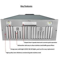 Awoco Built-in/Insert Stainless Steel Range Hood, 4-Speed, 600 CFM, LED Lights, Baffle Filters for Wood Hood (30'')