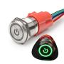 STARELO 19MM 3/4'' Latching Push Button Switch 5A 12V 1NO1NC SPDT ON/Off Waterproof Stainless Steel Shell with Power Symbol Ring LED with Wire Socket Plug(Green)