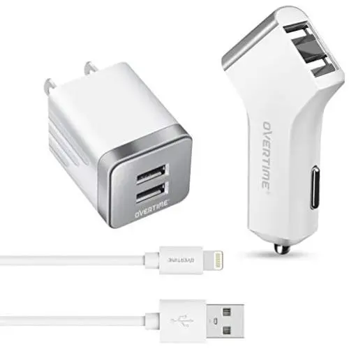 iPhone Charger, Overtime Apple MFi Certified 4ft Lightning USB Cable with Dual Port Wall & Car Charger Adapter for iPhone 11 Pro Max X Xs XR 8 7 6s 5 SE, iPad Pro Air Mini - White
