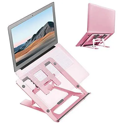 Ditucu Metal Laptop Stand for Desk,Foldable Portable Small Computer Table Tray Mount,Ergonomic Non-Slip Notebook Shelf for Office Home School Classroom Bed Supplies,Workspace Accessories(Rose Gold)
