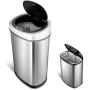 NINESTARS CB-DZT-50-9/8-1 Automatic Touchless Infrared Motion Sensor Trash Can Combo Set, 13 Gal 50L & 2 Gal 8L, Stainless Steel Base (Oval & Rectangular, Silver/Black Lid)
