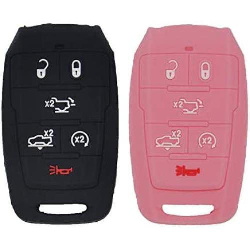 WEIBISS 2pcs 6 Buttons Key Fob Cover Case Protector Shell Remote Jacket Keyless Entry Holder Bag for Dodge 2019 2020 2021 Ram 1500 Laramie Longhorn, Black Pink
