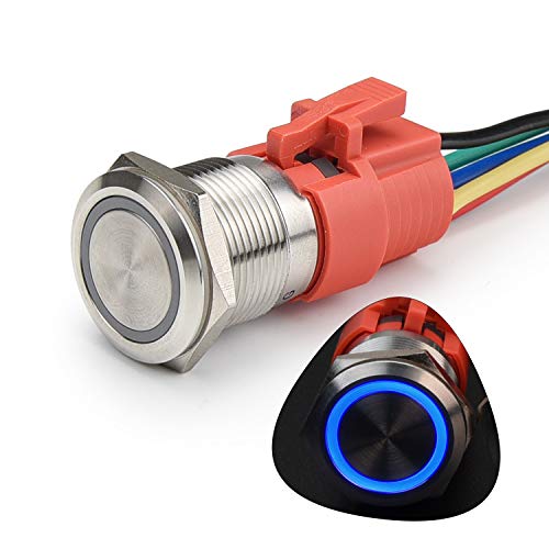 STARELO 19MM 3/4'' Momentary Push Button Switch 5A 12V 1NO1NC Waterproof Stainless Steel Shell with LED Ring with Wire Socket Plug(Blue)
