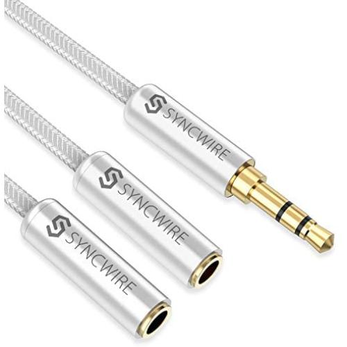 Headphone Splitter, Syncwire Nylon-Braided 3.5mm Extension Cable Audio Stereo Y Splitter (Hi-Fi Sound), 3.5mm Male to 2 Ports 3.5mm Female Headset Splitter for Apple, Samsung & More - Silver