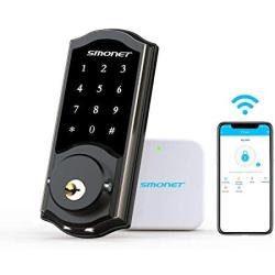 Keyless Entry Door Lock with Keypads,SMONET Smart WiFi Deadbolt, Digital Electronic Bluetooth Touchscreen Auto Lock with Gateway Hub, Work with Alexa,APP,Code,Key for Home Apartment Front Door,Black