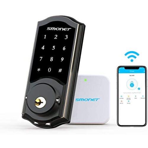 Keyless Entry Door Lock with Keypads,SMONET Smart WiFi Deadbolt, Digital Electronic Bluetooth Touchscreen Auto Lock with Gateway Hub, Work with Alexa,APP,Code,Key for Home Apartment Front Door,Black