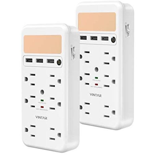 [2-Pack]VINTAR Surge Protector, Multi Plug Outlet Extender with Dusk to Dawn Night Light, USB Wall Charger with 6 Outlets and 3USB Ports, 1728J for Home,School,Office,White，ETL Certified.