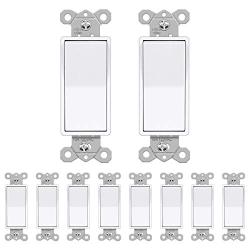 [10 Pack] BESTTEN Single-Pole Snow White Decorator Wall Light Switch, 15A 120V, On/Off Rocker Interrupter, UL Listed