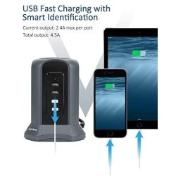 Surge Protector Power Strip Tower 10ft Extension Cord 4 USB Port 9 Outlet Desktop Charging Station 1080J Adjustable Voltage 110-240V Multiple Plug Fire Proof or PC Laptop Phone Office SUPERDANNY