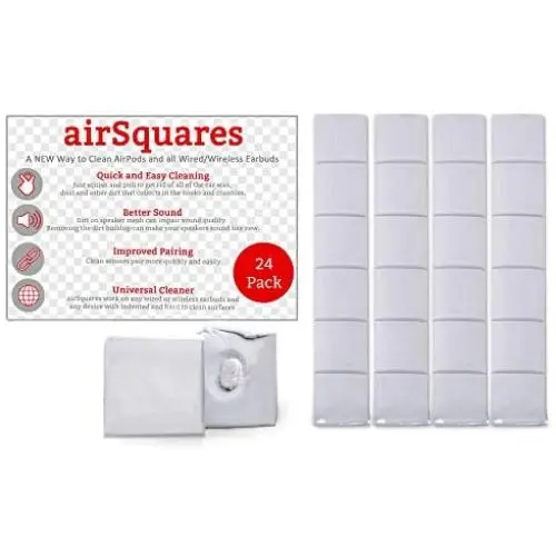 AirSquares Gunk Remover for AirPods and Other Electronic Devices (24 Pack). Gets rid of Ear Wax and Other goo in Any Device with Small crevices. Compatible with Apple AirPods/Earphones/Earbuds/Ear AirSquares Gunk Remover for AirPods and Other Electronic Devices (24 Pack). Gets rid of Ear Wax and Other goo in Any Device with Small crevices. Compatible with Apple AirPods/Earphones/Earbuds/Ear