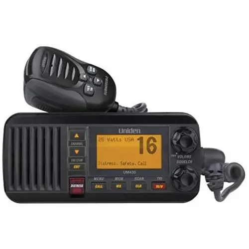 Uniden UM435BK Advanced Fixed Mount VHF Marine Radio, All USA/International/Canadian Marine Channels including new 4-Digit, CDN “B” Channels, 1 Watt/25 Watt Power, Waterproof IPX8 Submersible, Black