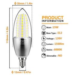 GEZEE LED Candelabra Bulb, Non-Dimmable 120Watt Light Bulbs Equivalent, 15W LED Candle Bulbs,Daylight White 6000K Chandelier Bulbs,4.3in, E12 Candelabra Base, 120V, 1500Lumens, Torpedo Shape(4 Pack)