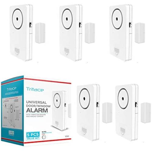 Tritace Universal Door/Window Alarm with Vibration and Magnet Sensor - Pool Door Alarm with Loud 120db Ring - Security Systems for Sliding, Glass, Main Entrance - With Extra 15 LR 44 Spare Batteries