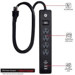 GE 4 Outlet 2 USB Port Power Strip Surge Protector, 3ft. Power Cord, Black, 36189-P1
