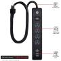 GE 4 Outlet 2 USB Port Power Strip Surge Protector, 3ft. Power Cord, Black, 36189-P1