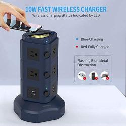 SUPERDANNY Surge Protector Tower with 10W Wireless Charger, Spin Power Strip Tower 13A Vertical Charging Station with 10 AC Outlets+4 USB Slots and 6.5ft Extension Cord for Home Office Garage, Blue