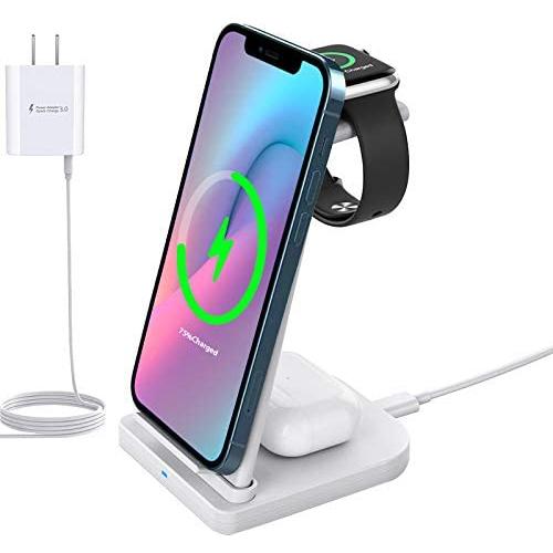 3 in 1 Wireless Charging Station, Phone Wireless Charger Stand Watch Charger Stand Compatible with iPhone 12 11 Pro Pro Max X XR XS 8 Samsung Galaxy S20+ S10 S9 iWatch 6/5/4/3/2 Airpods 2/Pro (White)