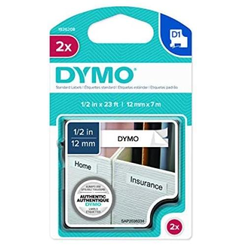 DYMO Standard D1 Self-Adhesive Polyester Tape for Label Makers, 1/2-inch, Black Print on White, 23-Foot Cartridge, 2-Pack (1926208)