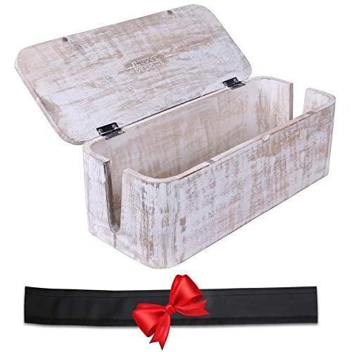 Cable Management Box & Cord Organizer- Cable Organizer for Desk, Home, Office. Hides Wires, Surge Protectors, Power Strips. Eco Friendly Mango Wood Cord Management Solution (Whitewash)