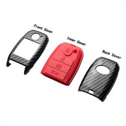 TANGSEN Key Fob Case for KIA OPTIMA RIO SORENTO SPORTAGE 4 Button Keyless Entry Remote Black Carbon Fiber Pattern ABS Red Silicone Cover