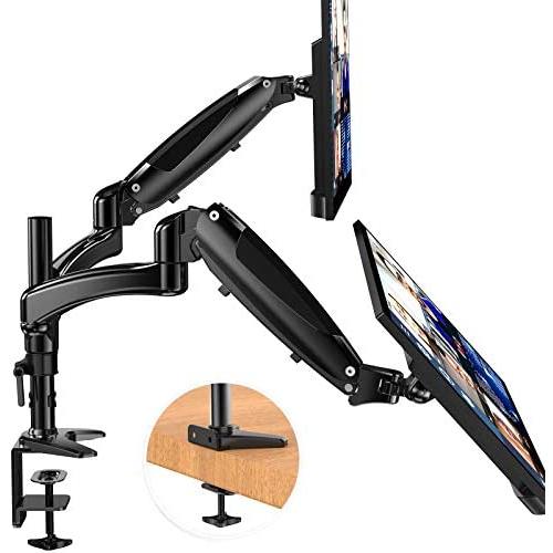 Huanuo Dual Monitor Stand - Height Adjustable Gas Spring Monitor Desk Mount Fits 2 Flat/Curved Computer Screens 15 to 27 Inch, Double Articulating Arms Vesa Bracket with C Clamp, Grommet Mounting