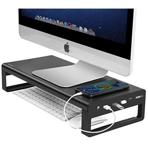 Vaydeer USB 3.0 Aluminum Monitor Stand Metal Riser Support Transfer Data and Charging,Keyboard and Mouse Storage Desk Organizer(44x20x9cm)