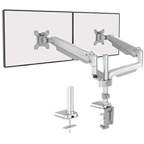 WALI Premium Dual Monitor Desk Mount LCD LED Flat Curved Screen Fully Adjustable Gas Spring Stand for Display 17-32 Inch, 19.8lbs Weight Capacity (GSDM002S), Metallic Grey