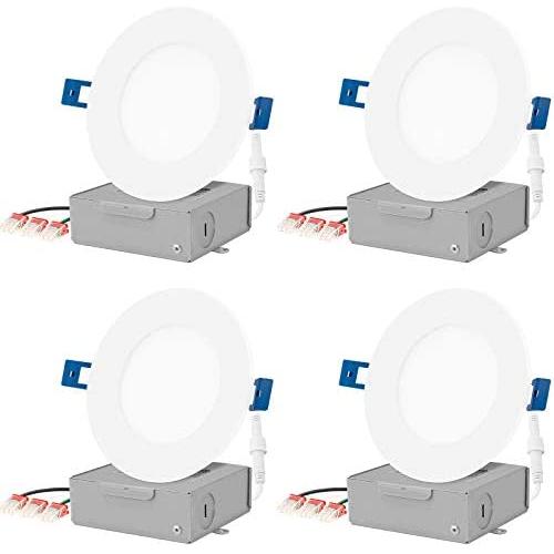JULLISON LED Recessed Low Profile Slim Panel Light with Junction Box, Air Tight, 4 inch, 9W, 550 Lumens, 5000K Daylight White, CRI80+, Dimmable, cETLus - Listed, Energy Star Certified - 4 Packs