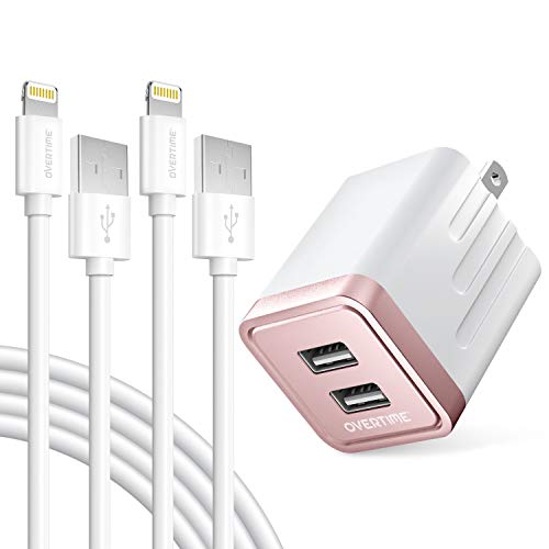iPhone Charger Set, 2-Pack Overtime Apple MFi Certified Lightning Cables with 1 Dual USB Wall Adapter - 2.4 AMP Compatible w/iPhone 11 Pro Max XS XR X 8 7 6S 6 Plus SE iPad (Rose Gold/White, 4ft)