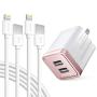iPhone Charger Set, 2-Pack Overtime Apple MFi Certified Lightning Cables with 1 Dual USB Wall Adapter - 2.4 AMP Compatible w/iPhone 11 Pro Max XS XR X 8 7 6S 6 Plus SE iPad (Rose Gold/White, 4ft)