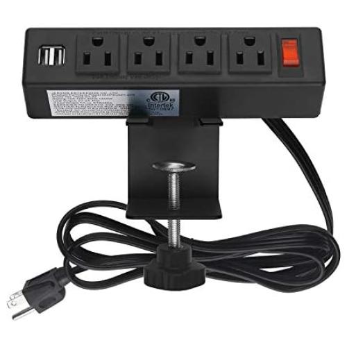 Desk Clamp Power Strip, Desktop Power Outlet Clamp Mount with 2 USB Ports, 4 AC Outlets, Mountable Desk Outlet Removable Power Plugs with 6.56ft Cord (4AC2USB-Black)