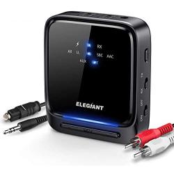 ELEGIANT Bluetooth 5.0 Transmitter Receiver Wireless Audio Adapter Low Latency Pair 2 Headphones at Once Built-in Mic, LED Indicator, Optical TOSLINK 3.5mm AUX RCA for TV Home Stereo System(Black)