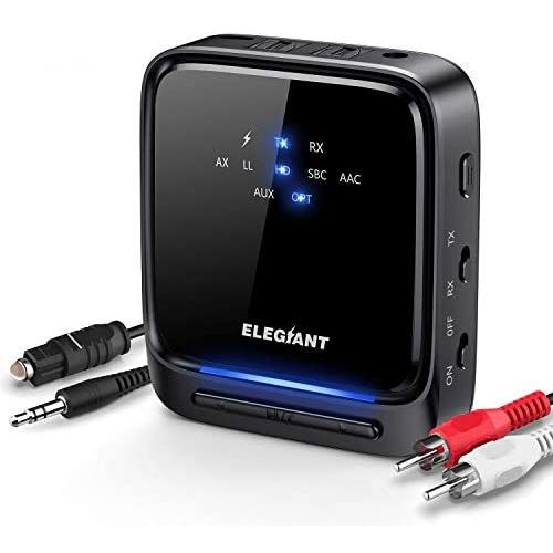 ELEGIANT Bluetooth 5.0 Transmitter Receiver Wireless Audio Adapter Low Latency Pair 2 Headphones at Once Built-in Mic, LED Indicator, Optical TOSLINK 3.5mm AUX RCA for TV Home Stereo System(Black)