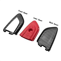 TANGSEN Smart Key Fob Case for BMW 2 5 6 7 Series X1 X2 X3 X5 X6 3 4 Button Keyless Entry Remote Personalized Protective Cover Plastic Carbon Fiber Pattern Red Silicone