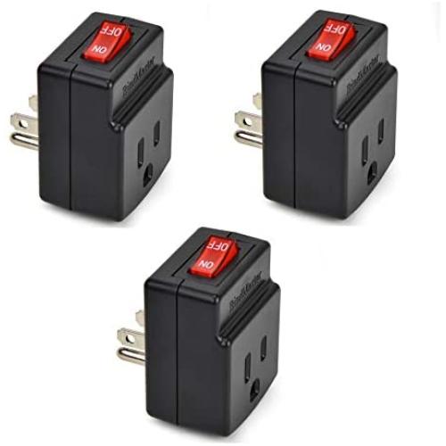 BindmMaster 3 Prong Grounded Single Port Power Adapter with Red Light Indicator On/Off Switch to be Energy Saving, Black (3 Pack)
