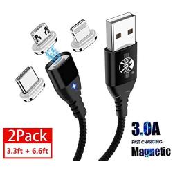 Magnetic Charging Cable (3.3ft+6.6ft,2 Pack) 3 in 1 Magnetic Charger Cable Fast Charging 3.0A Quick Charge & Data Sync Nylon Braided Cord for Android Micro USB,Type C/USB C,Phone Smartphone Tablet