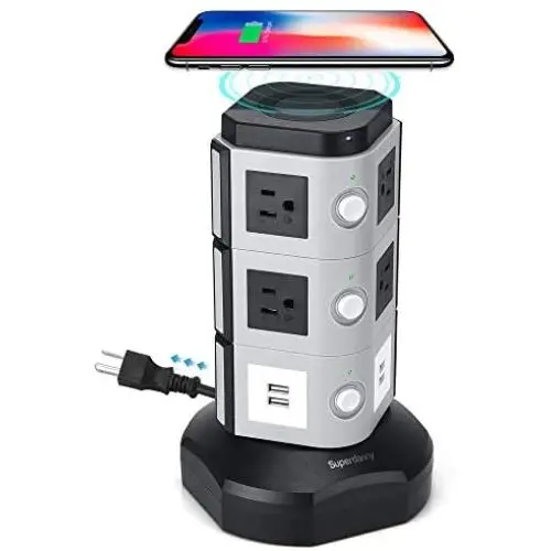 SUPERDANNY Surge Protector Tower with 10W Wireless Charger, Spin Power Strip Tower 13A Vertical Charging Station with 10 AC Outlets+4 USB Slots and 6.5ft Extension Cord for Home Office Garage, Grey SUPERDANNY Surge Protector Tower with 10W Wireless Charger, Spin Power Strip Tower 13A Vertical Charging Station with 10 AC Outlets+4 USB Slots and 6.5ft Extension Cord for Home Office Garage, Grey