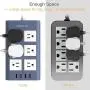 9.8 Ft Long Extension Cord Surge Protector, JACKYLED 15A Power Strip Flat Plug 6 Outlets 3.1A 4 USB Ports Fast Charging, Fireproof Electric Outlet Desktop Charger for Home Office Kitchen, Blue White