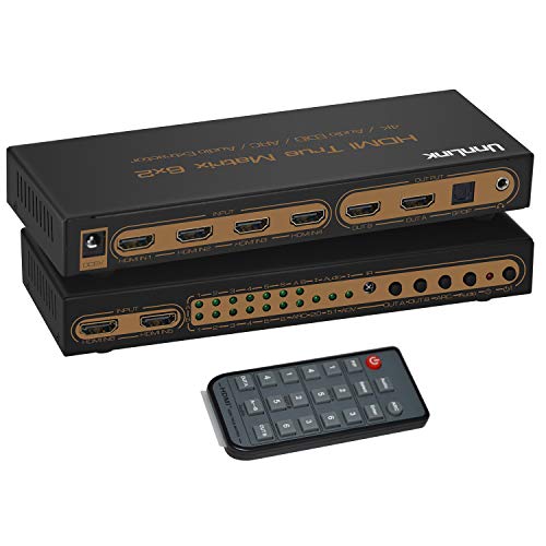 Unnlink HDMI Matrix 6 x 2 UHD 4K Switch/Splitter 6 in 2 Out HDMI Audio Extractor HiFi 5.1 SPDIF Toslink+3.5mm Jack ARC,PIP IR Remote Control Compatible with Computer ps4 Xbox one roku Chromecast