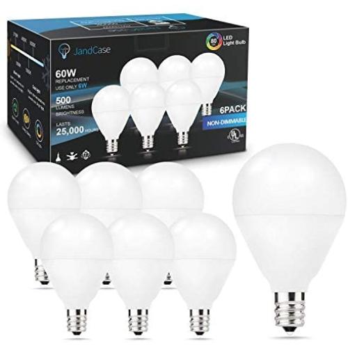 JandCase 120V Ceiling Fan Bulb, 6W Candelabra Led Light Bulb, 3000K Warm White, 500lm, G14 60W Equivalent Light Bulb for Vanity Mirror, Chandelier, Not Dimmable, E12 Base, 6 Pack