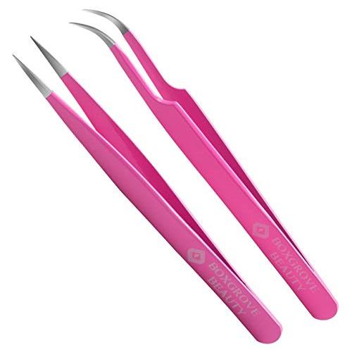Lash Tweezers, Pack of 2 Stainless Steel Tweezers for Eyelash Extensions | Straight and Curved Tip Eyelash Tweezers | False Lash Application Tools