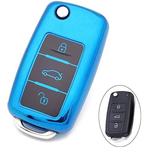 ROYALFOX(TM Luxury 3 Buttons TPU flip Remote Key Fob case Cover for VW Volkswagen Jetta GTI Passat Golf Bora Polo Tiguan Touareg Beetle Multivan Sagitar Passat,Skoda(Blue with Black)