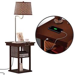 Brightech Madison - Narrow Nightstand with Built In Lamp, USB Port, Shelves for Bedrooms - Mid Century Modern End Table & Attached Floor Lamp For Living Room -Side Table & Reading Light - Havana Brown