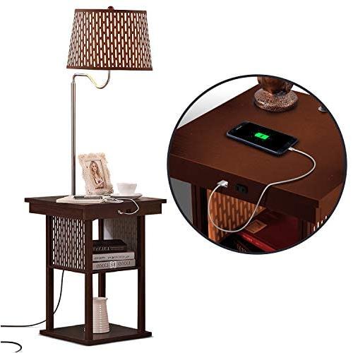 Brightech Madison - Narrow Nightstand with Built In Lamp, USB Port, Shelves for Bedrooms - Mid Century Modern End Table & Attached Floor Lamp For Living Room -Side Table & Reading Light - Havana Brown