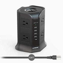 Power Strip Tower SAFEMORE Smart 8-Outlet 4-USB Surge Protector Desktop Power Plug Electrical Charging Station with 6.5ft Long Extension Cord 100-240V Outlet USB Tower for Home Office(Black)