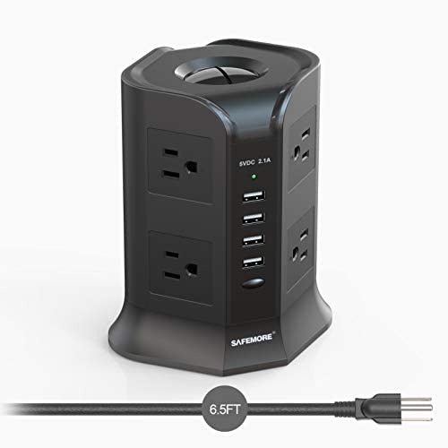 Power Strip Tower SAFEMORE Smart 8-Outlet 4-USB Surge Protector Desktop Power Plug Electrical Charging Station with 6.5ft Long Extension Cord 100-240V Outlet USB Tower for Home Office(Black)